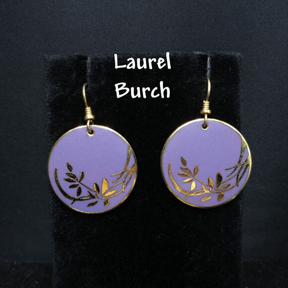 Vintage Laurel Burch Lavender Floral Earrings Gold Plated Cloisonne